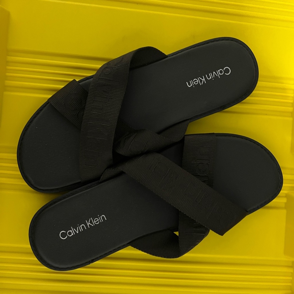 Calvin Klein Black Cross-Strap Slides